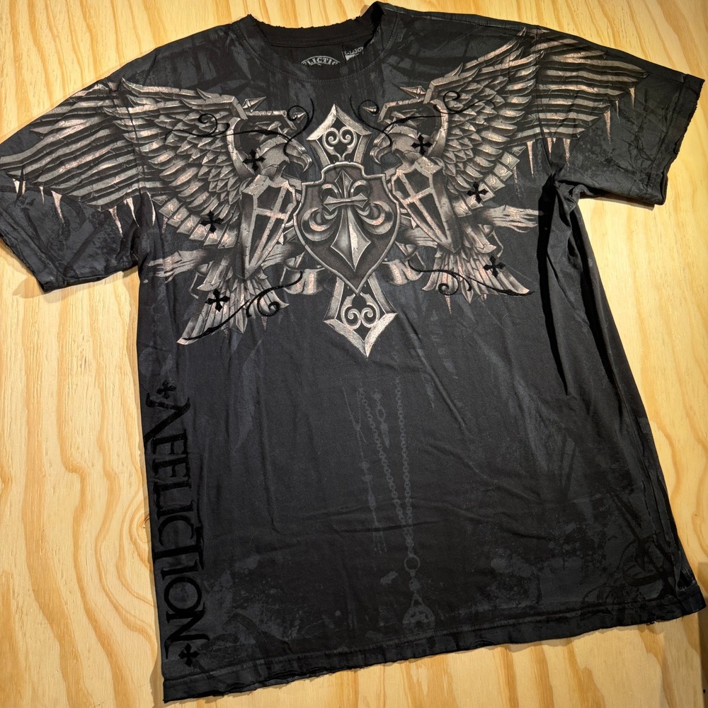 Affliction Men's Live Fast Eagle Cross Shield Black Graphic T-Shirt Size XL